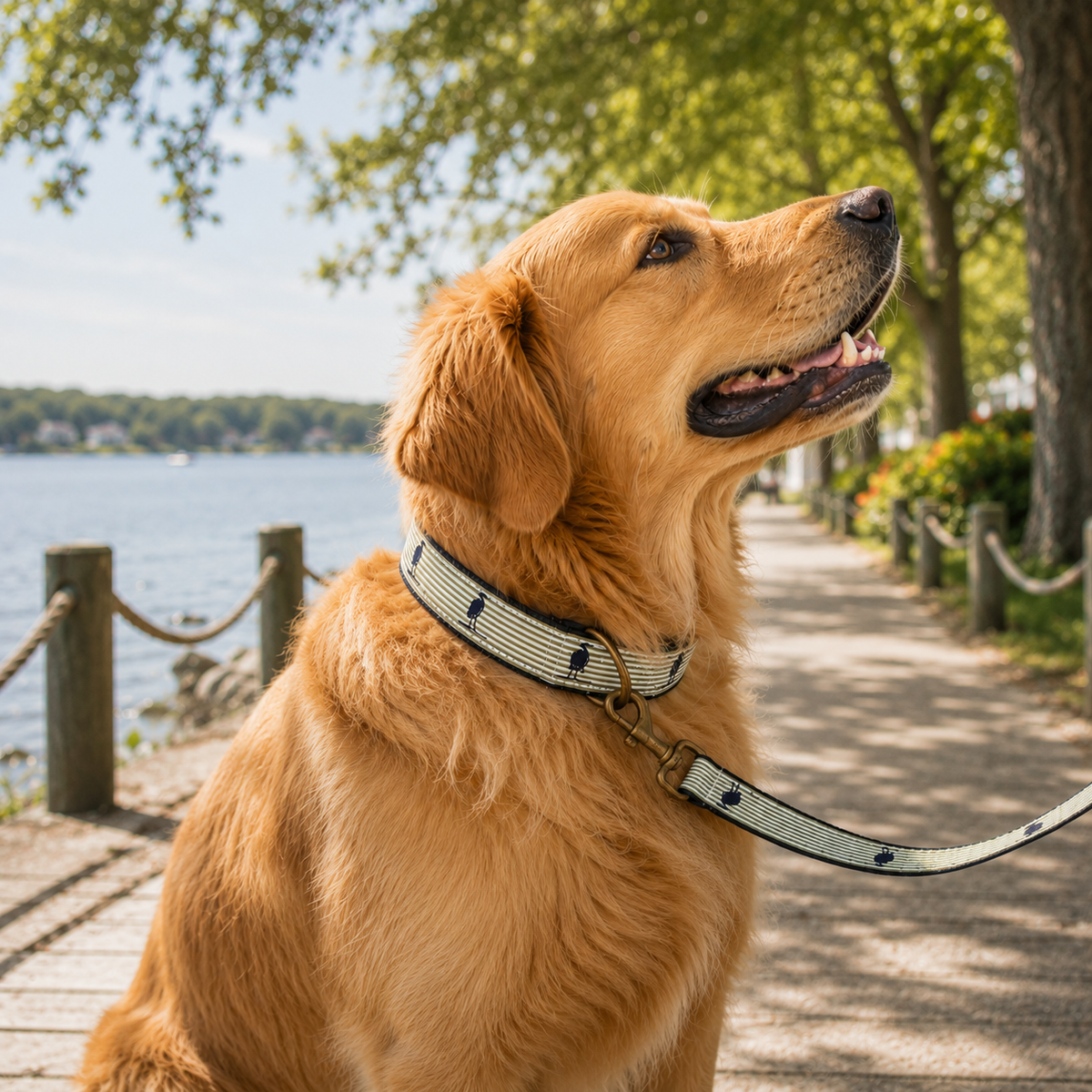 A golden retriever dog wearing a striped collar and leash on a wooden boardwalk path outdoors near water and trees. Pet accessories made with custom heron ribbon and cotton weave backing from Belted Cow Company. Eastern Shore lifestyle, Eastern Shore style, Eastern Shore, dog collar, dog leash, dog pet accessories