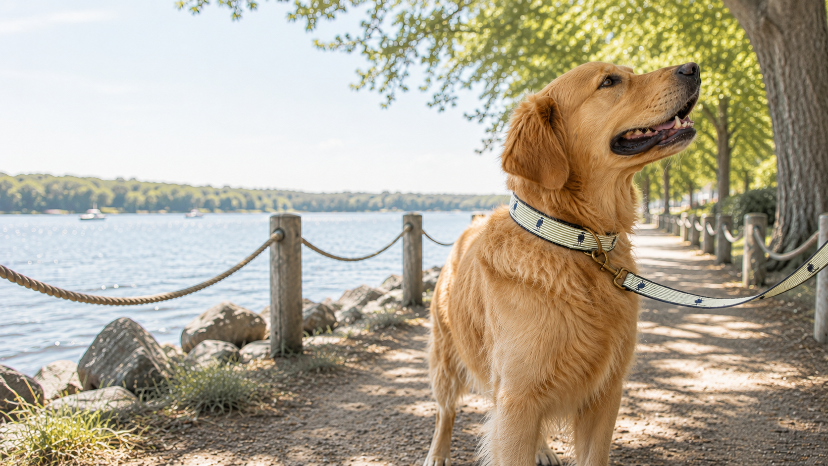 A golden retriever dog wearing a light-colored collar and matching leash stands on a tree-lined path next to a lake. Pet accessories made with custom heron ribbon and cotton weave backing from Belted Cow Company. Eastern Shore lifestyle, Eastern Shore style, Eastern Shore, dog collar, dog leash, dog pet accessories