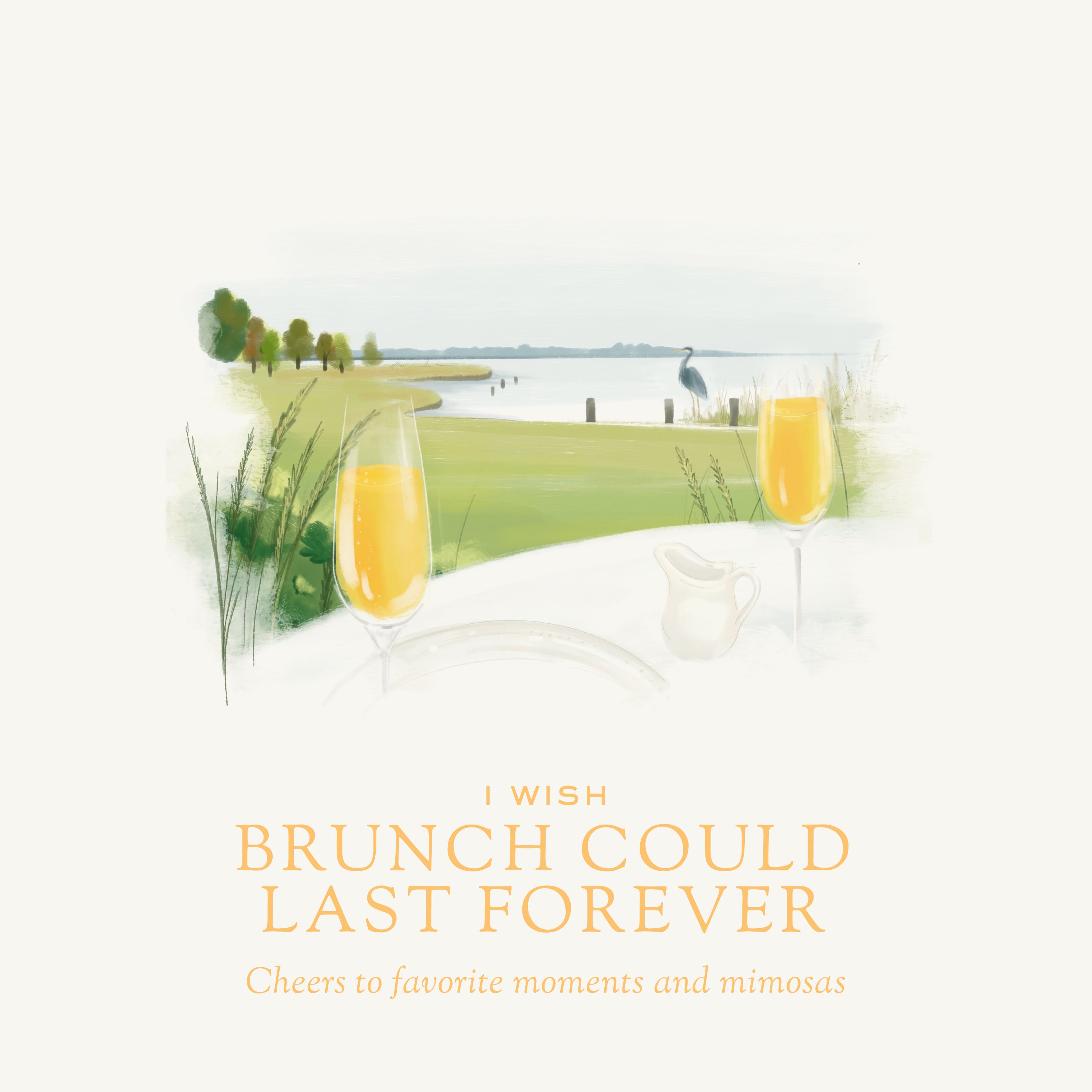 I Wish Brunch Could Last Forever Candle illustration, Eastern Shore Co, Brunch, champagne, citrus, orange, cheers, bridesmaid, wedding gift, bridesmaid gift, crisp citrus, sparkling champagne, brunch candle, Scented candle, coconut soy wax, coastal candle, eastern shore, Chesapeake Bay, luxury candle, hand-poured in very small batches, Maryland, Virginia