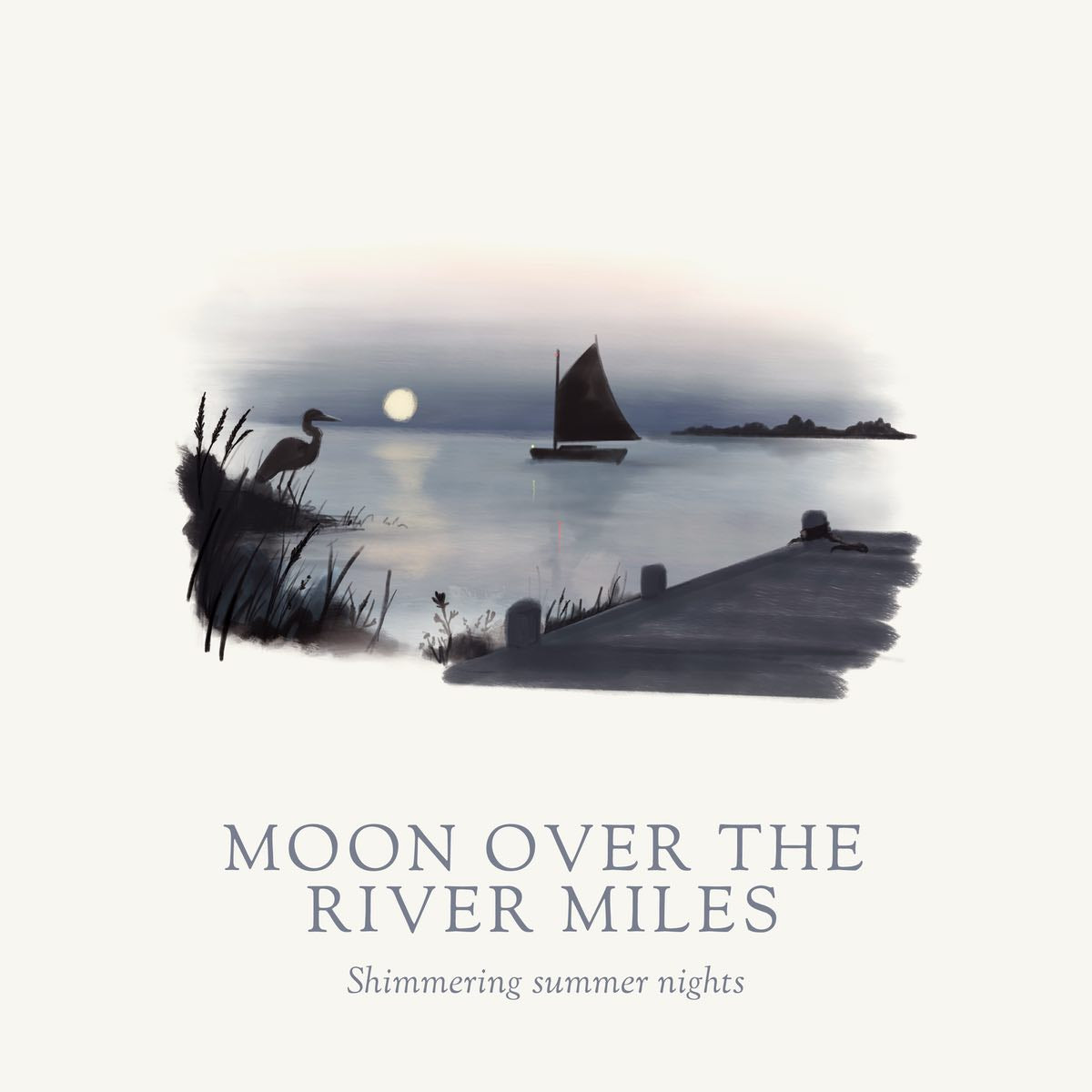 Moon over the River Miles illustration showing Sailboat on the River Miles outside of St. Michaels in MD. Eastern Shore Co. is based on the Eastern Shore. All candles are hand poured in very small batches. on the eastern shore. saint michaels, Cambridge MD, moon, moonlight, moonlit, amber scent, jasmine scent, night blooms scent, summer candle, sultry candle, Scented candle, coconut soy wax, coastal candle, eastern shore, Chesapeake Bay, luxury candle, Maryland, Virginia,