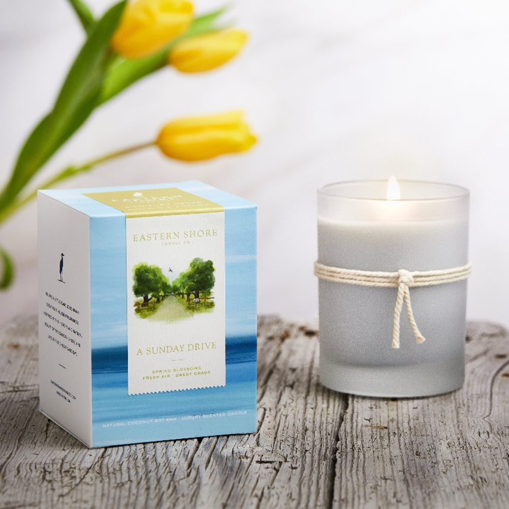 A Sunday Drive 10oz candle with box, Eastern Shore Co. hand poured in very small batches, Scented candle, coconut soy wax, coastal candle, eastern shore, Chesapeake Bay, luxury candle, hand-poured, Maryland, Virginia, candle gift, coastal gift, Spring candle scents, spring scents, floral candle, floral scents, Sunday Drive, spring blossoms, sweet grass, fresh air, spring air, honeysuckle scent