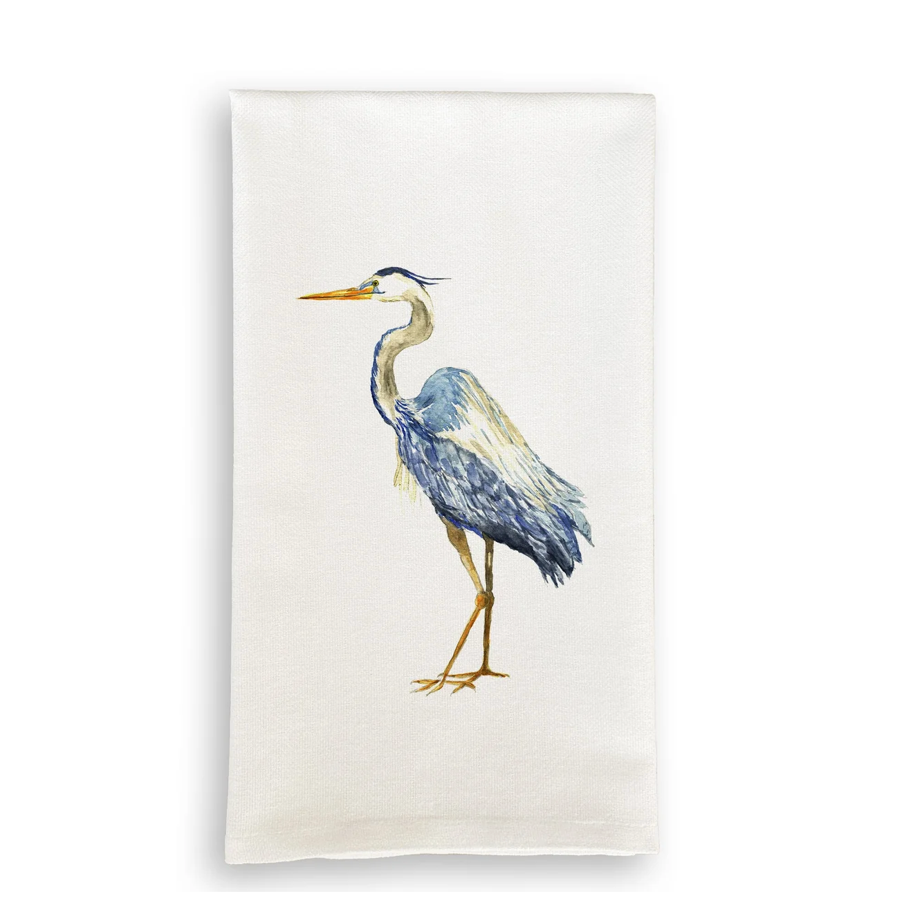 An off-white fabric tea towel featuring a watercolor illustration of a blue-gray heron with yellow accents, shown against a plain white background. heron tea towel, coastal tea towel, Chesapeake Bay decor, Eastern Shore decor, coastal kitchen decor, Great Blue Heron gift, nautical kitchen, Eastern Shore gift, cotton tea towel, coastal hostess gift