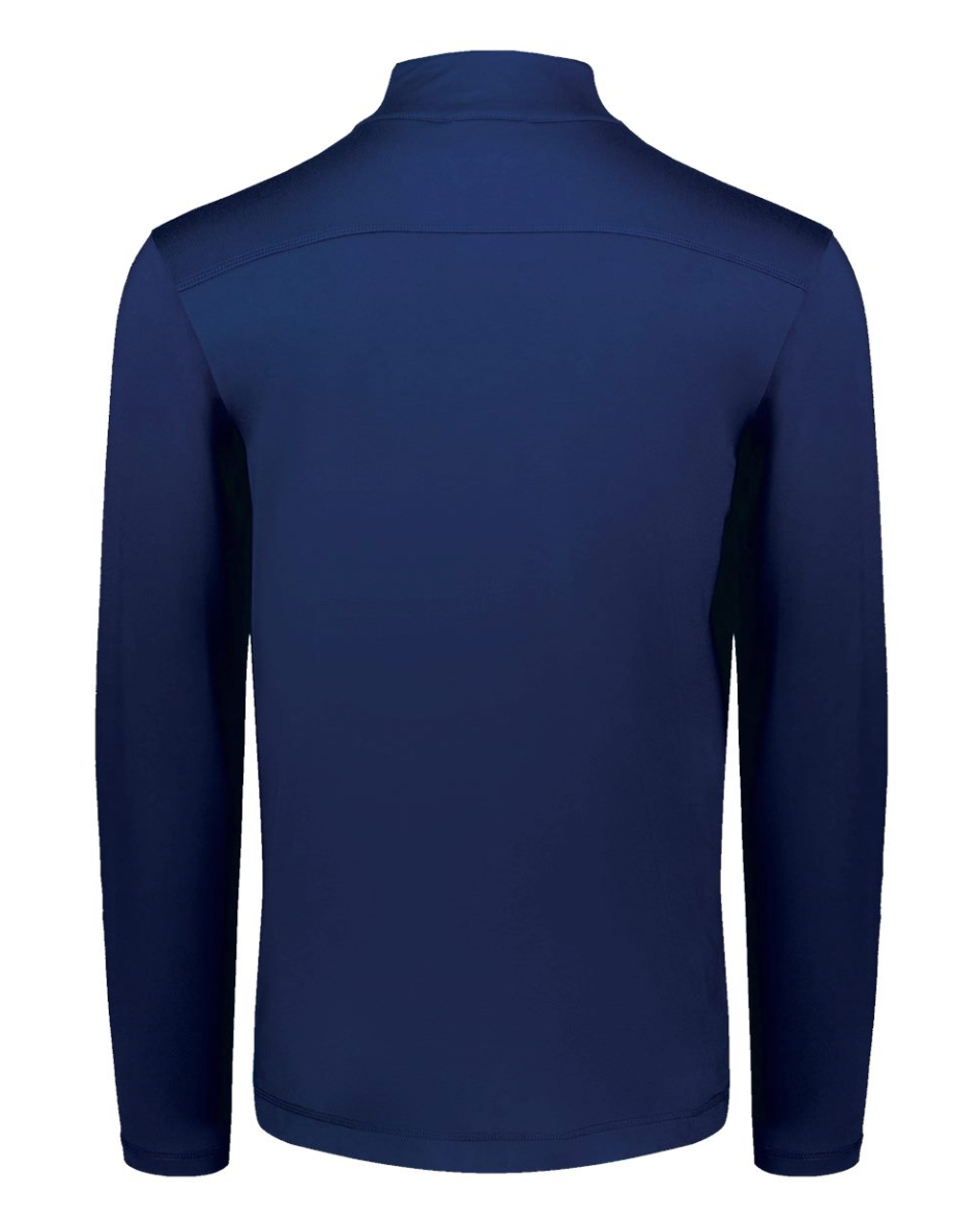 Navy long-sleeve athletic quarter zip with a small heron embroidered on chest. Three season quarter zip jacket. Pullover. Eastern Shore Co. Golf jacket, sailing jacket, boat jacket