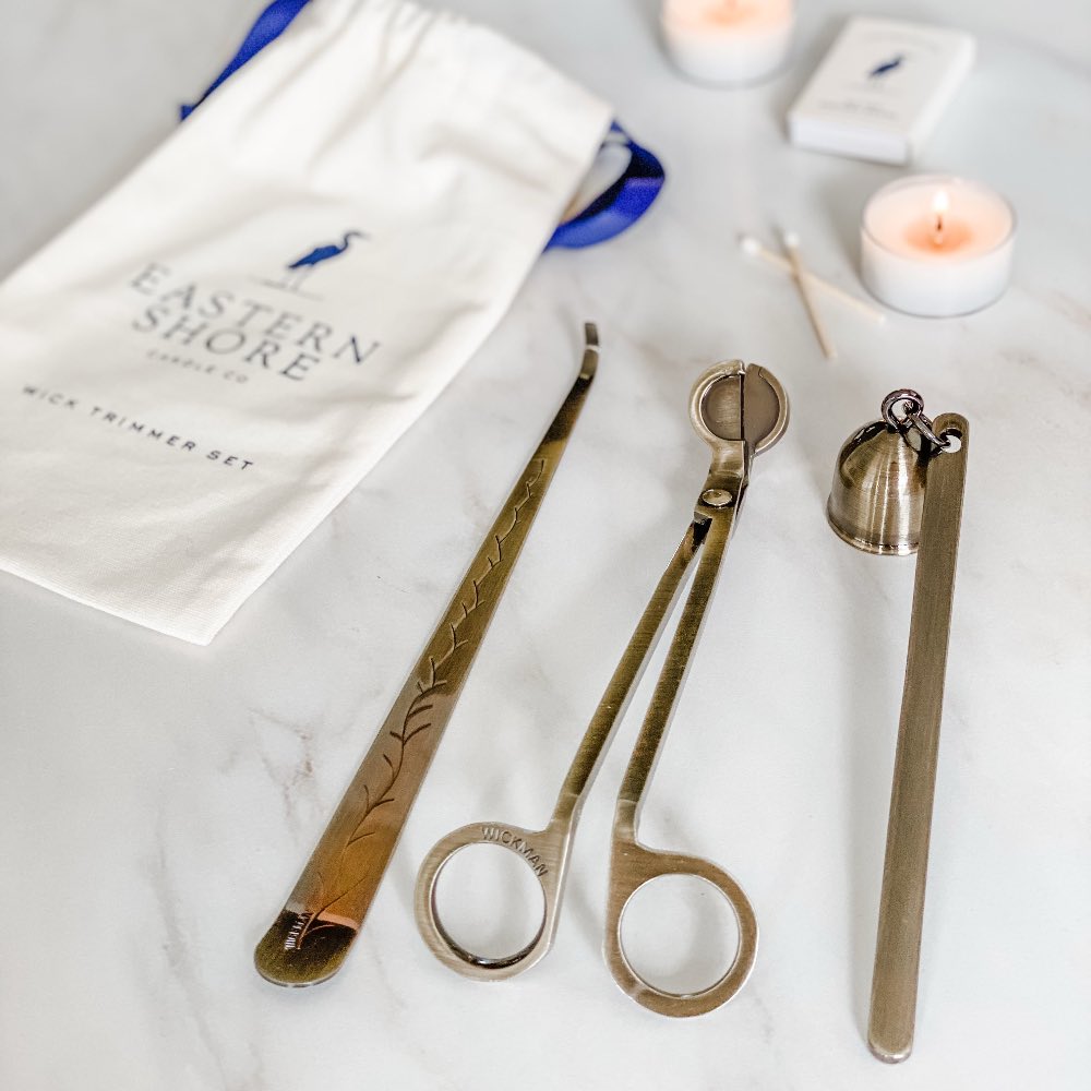 Antique Brass Wick Trimmer Set, By Wickman, Antique brass trimmer, candle snuffer, candle dipper, candle wick trimmer, candle trimmer, candle tools, gift set, candle gift, Eastern Shore Co.