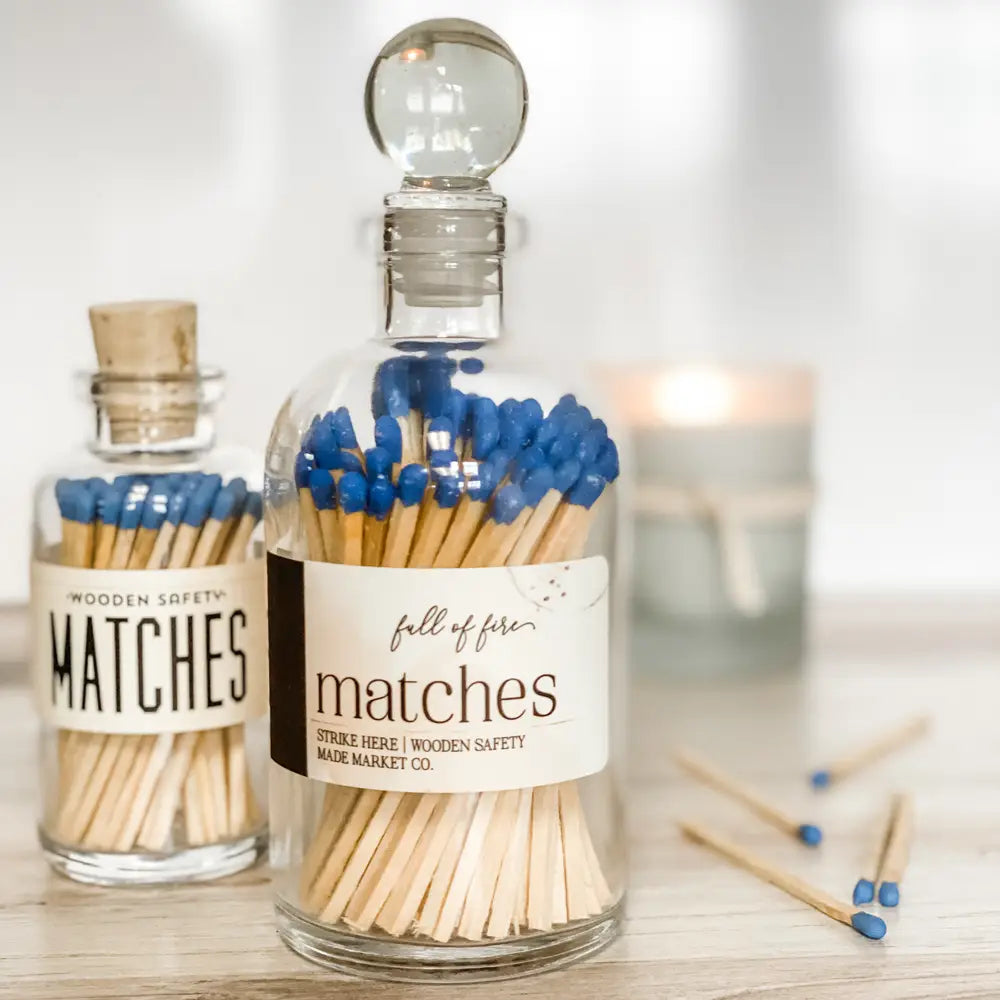 FULL OF FIRE WOODEN STICKS Wooden matches, long stem wooden matches, color match sticks, bottled matches, bottled wooden matches, apothecary jar matches, vintage style matches, Showing both 3 &amp; 6 1/2 inch matches