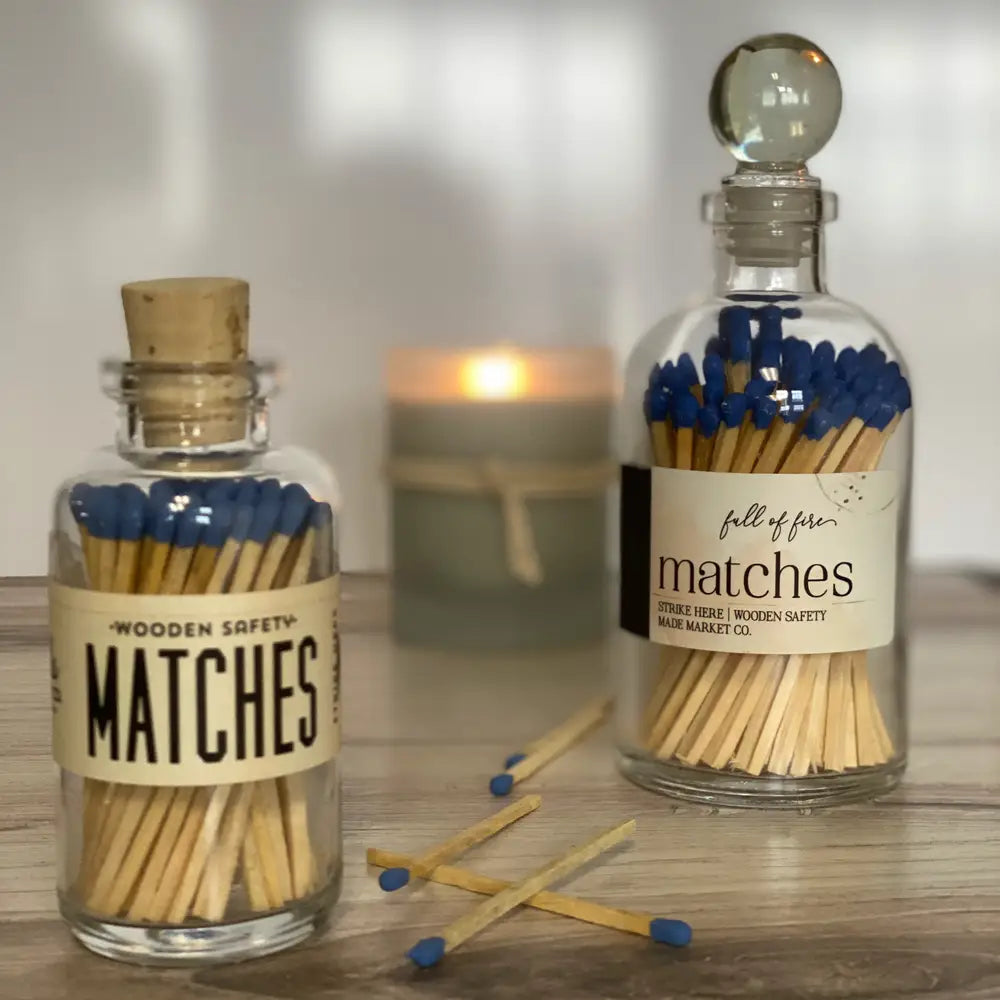 FULL OF FIRE WOODEN STICKS 3 1/2 and 6 1/2 inch Wooden matches, long stem wooden matches, color match sticks, bottled matches, bottled wooden matches, apothecary jar matches, vintage style matches