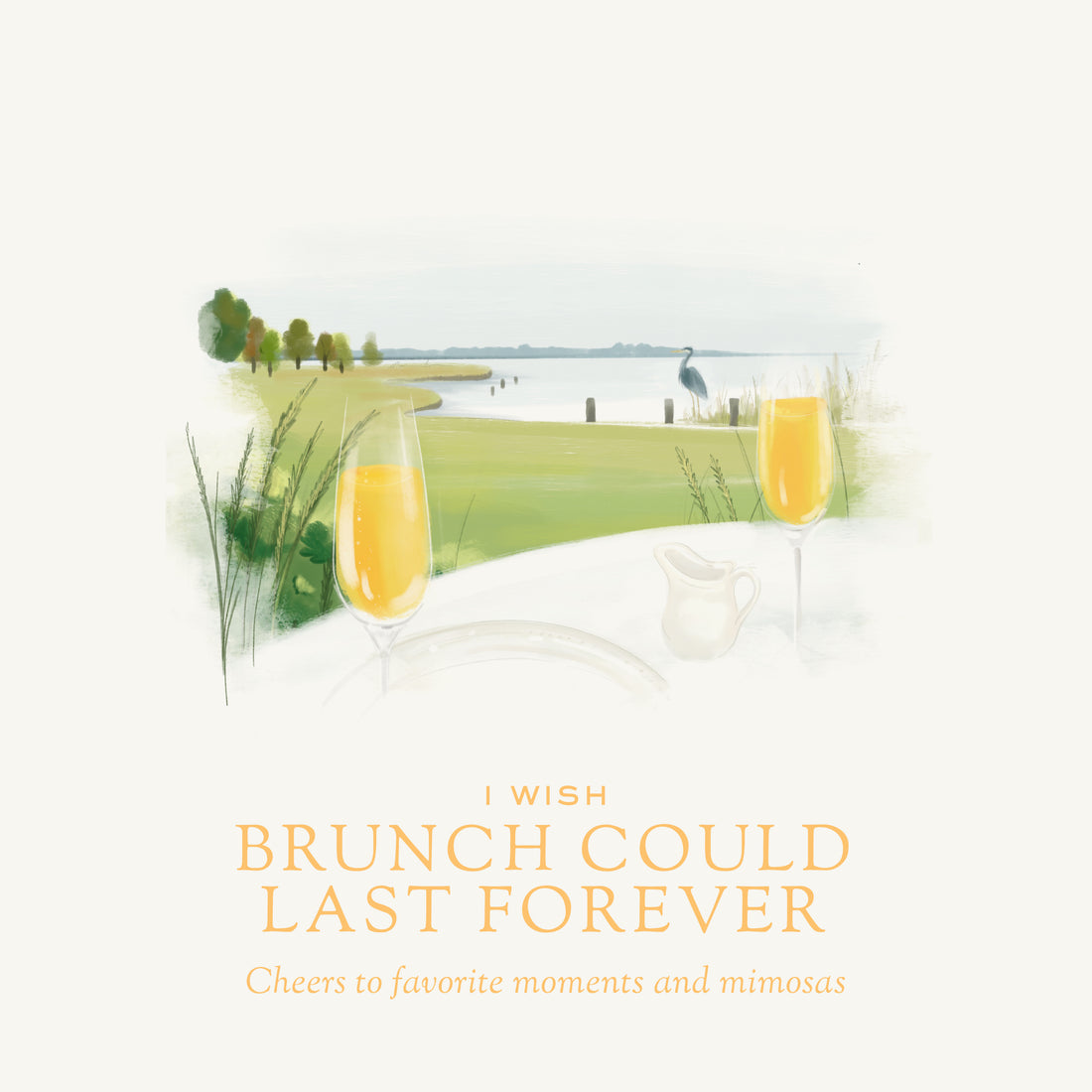 I Wish Brunch Could Last Forever Candle illustration, Eastern Shore Co, Brunch, champagne, citrus, orange, cheers, bridesmaid, wedding gift, bridesmaid gift, crisp citrus, sparkling champagne, brunch candle, Scented candle, coconut soy wax, coastal candle, eastern shore, Chesapeake Bay, luxury candle, hand-poured in very small batches, Maryland, Virginia