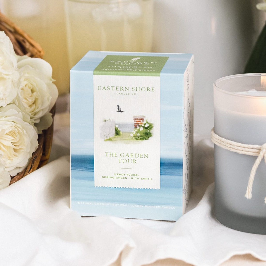 The Garden Tour, floral scent, floral candle, garden tour, virginia garden tour, talbot county garden tour, garden candle, garden, rose scented candle, lily scented candle, magnolia, geranium, peony, Scented candle, coconut soy wax, coastal candle, eastern shore, Chesapeake Bay, luxury candle, hand-poured, Maryland, Virginia, 10 oz candle with box with candle and white thine