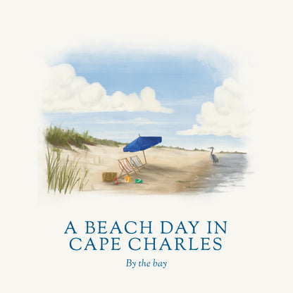 Illustration of a beach scene with a blue umbrella, lounge chair, and basket on a sandy shore with grass and a blue sky.