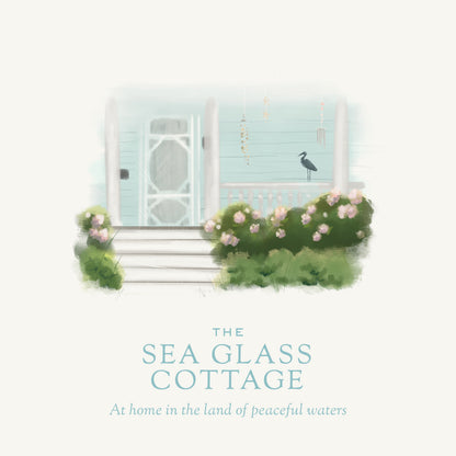 Illustration of a coastal cottage with flowers and text &