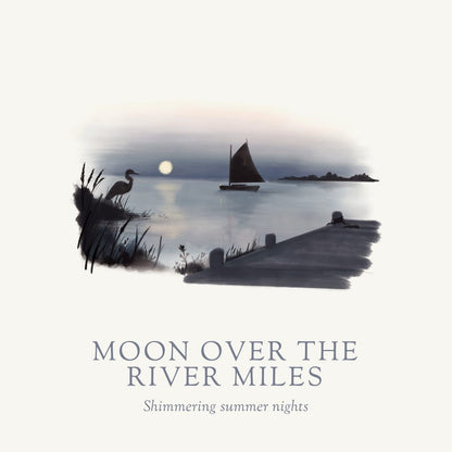 Moon over the River Miles illustration showing Sailboat on the River Miles outside of St. Michaels in MD.  Eastern Shore Co. is based on the Eastern Shore.  All candles are hand poured in very small batches. on the eastern shore. saint michaels, Cambridge MD, moon, moonlight, moonlit, amber scent, jasmine scent, night blooms scent, summer candle, sultry candle, Scented candle, coconut soy wax, coastal candle, eastern shore, Chesapeake Bay, luxury candle, Maryland, Virginia, 