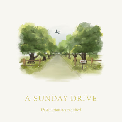 Illustration of a path flanked by trees with a bird flying above, titled &