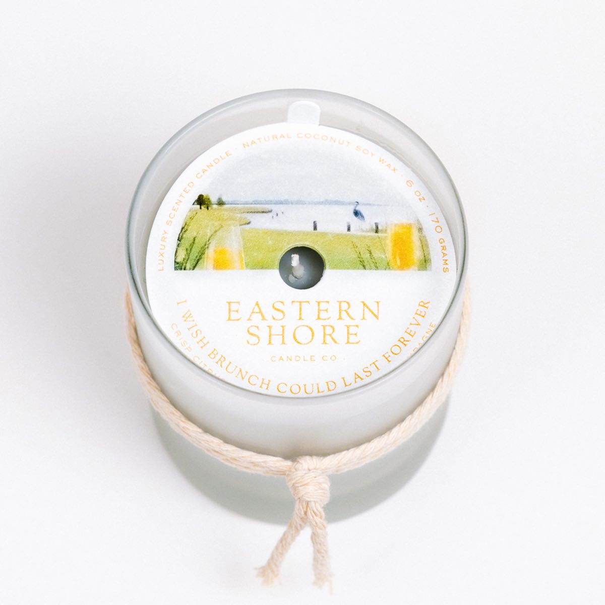 I Wish Brunch Could Last Forever 6oz Candle with illustration dust cover, Eastern Shore Co, Brunch, champagne, citrus, orange, cheers, bridesmaid, wedding gift, bridesmaid gift, crisp citrus, sparkling champagne, brunch candle, Scented candle, coconut soy wax, coastal candle, eastern shore, Chesapeake Bay, luxury candle, hand-poured in very small batches, Maryland, Virginia