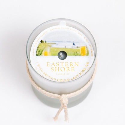 I Wish Brunch Could Last Forever 6oz Candle with illustration dust cover, Eastern Shore Co, Brunch, champagne, citrus, orange, cheers, bridesmaid, wedding gift, bridesmaid gift, crisp citrus, sparkling champagne, brunch candle, Scented candle, coconut soy wax, coastal candle, eastern shore, Chesapeake Bay, luxury candle, hand-poured in very small batches, Maryland, Virginia