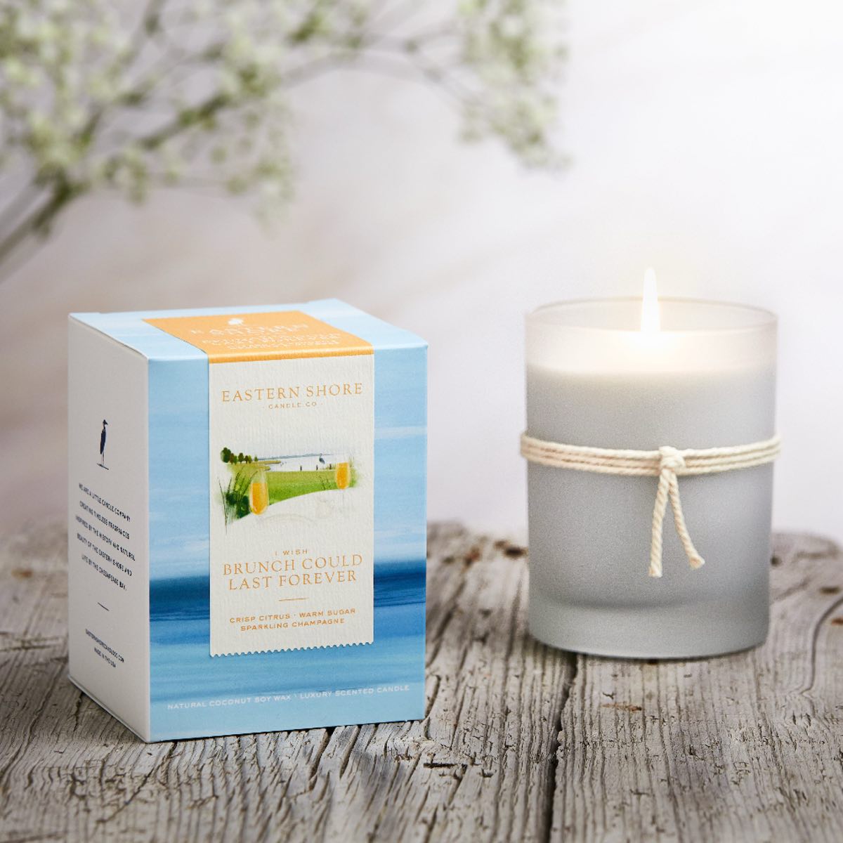 I Wish Brunch Could Last Forever 10oz Candle and Box, Eastern Shore Co, Brunch, champagne, citrus, orange, cheers, bridesmaid, wedding gift, bridesmaid gift, crisp citrus, sparkling champagne, brunch candle, Scented candle, coconut soy wax, coastal candle, eastern shore, Chesapeake Bay, luxury candle, hand-poured in very small batches, Maryland, Virginia