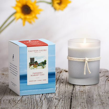 Farmers Market Day 10oz Candle with box, Eastern Shore Co. Scented candle, coconut soy wax, coastal candle, eastern shore, Chesapeake Bay, luxury candle, hand-poured, Maryland, Virginia, candle gift, coastal gift, Farmers Market Day, Farmer’s Market, Farmers Market, Farm, Tomato scent, Tomato leaf, tomato leaf scent, herbal candle, eastern shore farm, fresh herbs, hand-poured in very small batches, Cambridge MD
