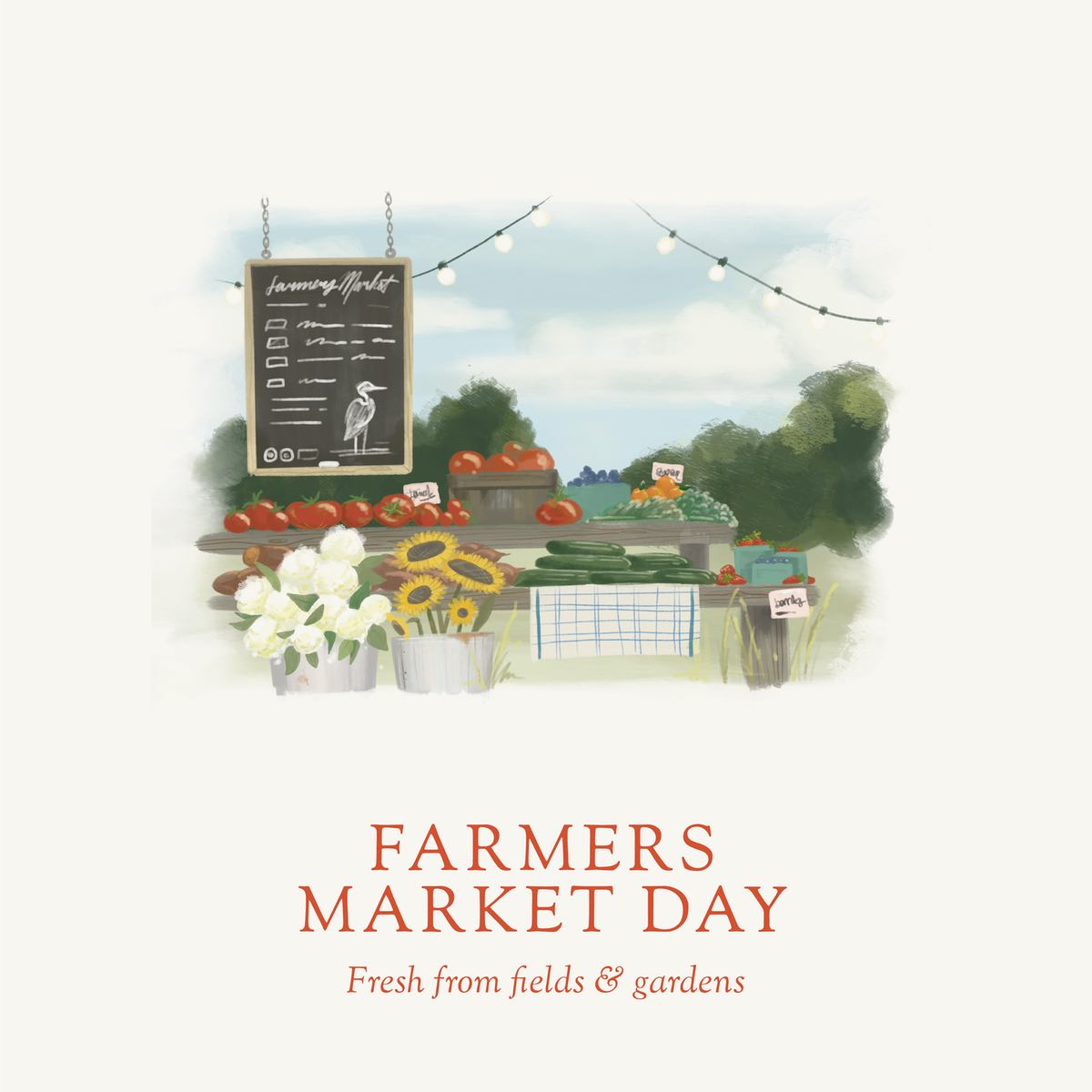 Farmers Market Day illustration.  Eastern Shore Co. Scented candle, coconut soy wax, coastal candle, eastern shore, Chesapeake Bay, luxury candle, hand-poured, Maryland, Virginia, candle gift, coastal gift, Farmers Market Day, Farmer’s Market, Farmers Market, Farm, Tomato scent, Tomato leaf, tomato leaf scent, herbal candle, eastern shore farm, fresh herbs, hand-poured in very small batches, Cambridge MD