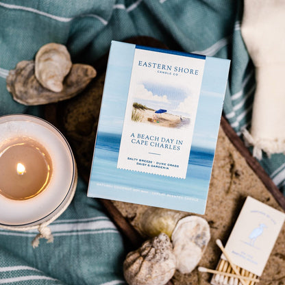 Beach Day in Cape Charles candle box, Eastern Shore Co., gardenia, dune grass, sea breeze, Scented candle, coconut soy wax, coastal candle, candle gift, coastal gift, eastern shore, Chesapeake Bay, luxury candle, hand-poured in very small batches, Maryland, Virginia, Cape Charles Virginia, Beach day, beach candle, coastal candle, scented candle, eastern shore, Chesapeake Bay