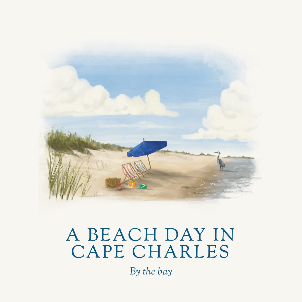 Beach Day in Cape Charles candle illustration, showing beach with umbrella and a Heron in the background, Eastern Shore Co., gardenia, dune grass, sea breeze, Scented candle, coconut soy wax, coastal candle, candle gift, coastal gift, eastern shore, Chesapeake Bay, luxury candle, hand-poured in very small batches, Maryland, Virginia, Cape Charles Virginia, Beach day, beach candle, coastal candle, scented candle, eastern shore, Chesapeake Bay