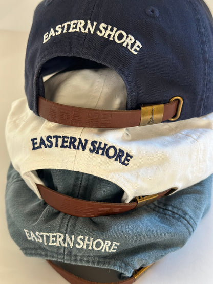 eastern shore brand, eastern shore hat, baseball cap, dad hat, navy blue hat, white hat, blue hat, embroidered hat, embroidered heron, heron hat