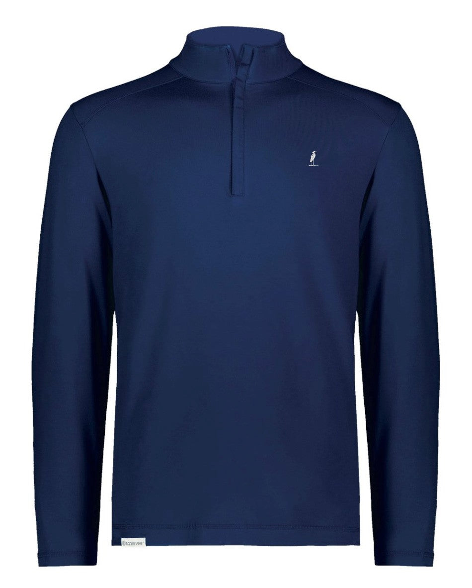 Navy long-sleeve athletic quarter zip with a small heron embroidered on chest. Three season quarter zip jacket. Pullover. Eastern Shore Co. Golf jacket, sailing jacket, boat jacket