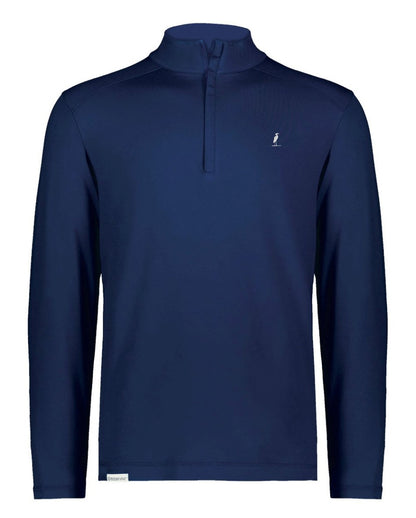 Navy long-sleeve athletic quarter zip with a small heron embroidered on chest. Three season quarter zip jacket. Pullover. Eastern Shore Co. Golf jacket, sailing jacket, boat jacket