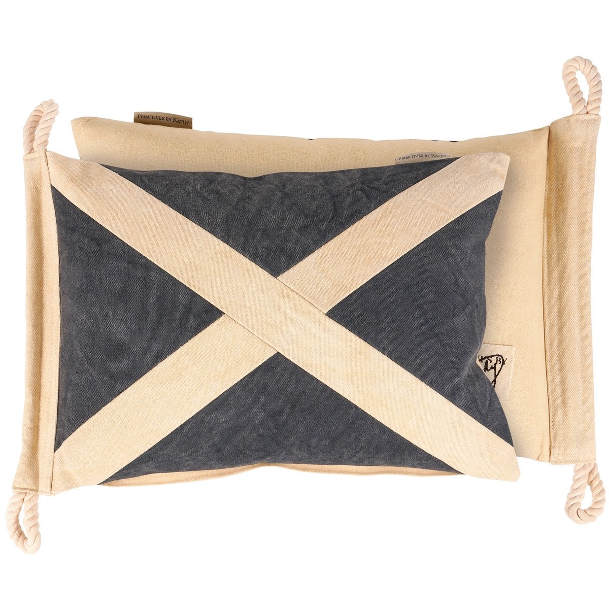 At rest flag on a pillow. Navy and beige flag-shaped pouch with rope handles on a white background