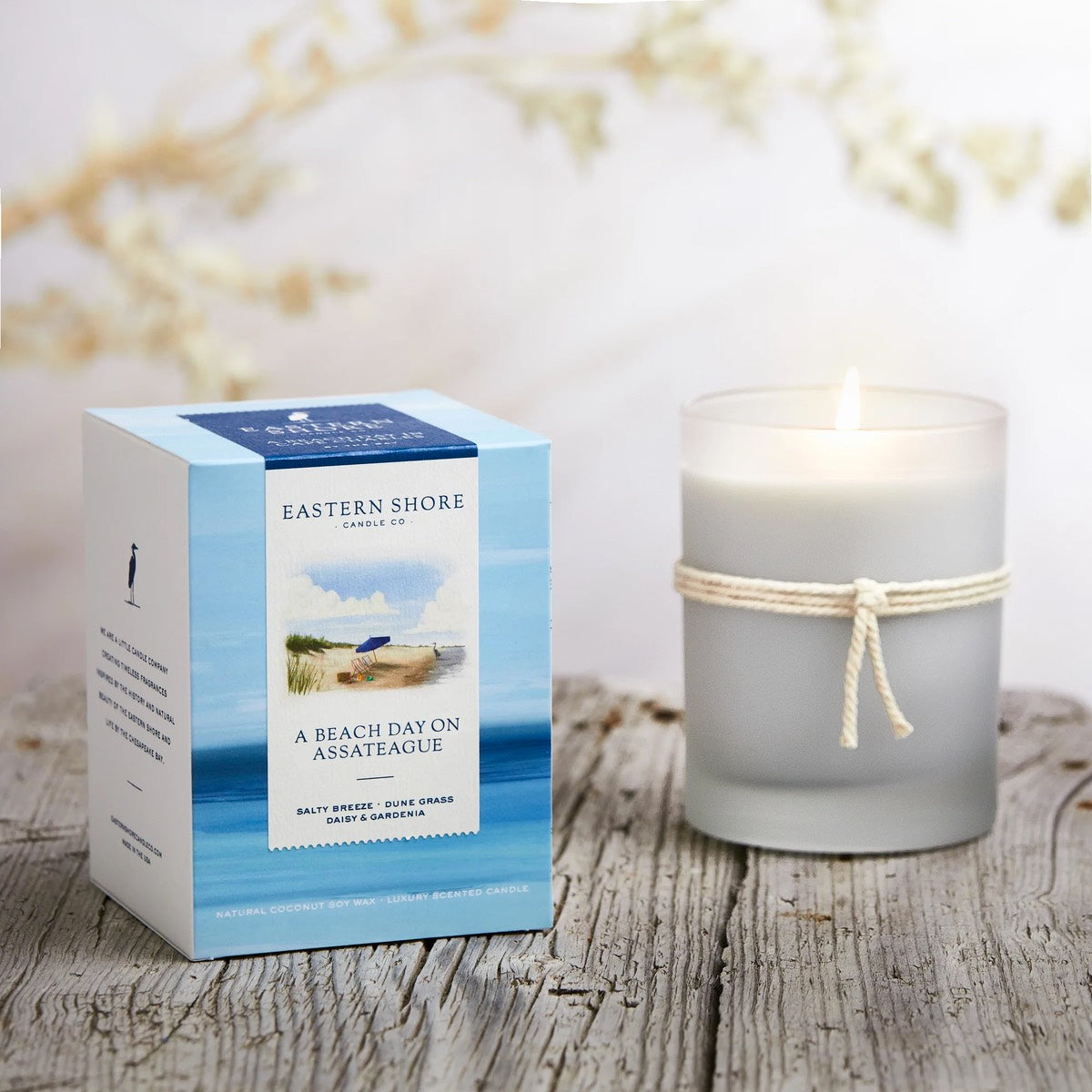 Beach Day on Assateague Island 10oz candle shown with box, Eastern Shore Co. Hand poured in very small batches, gardenia, dune grass, sea breeze, salty air, Scented candle, coconut soy wax, coastal candle, candle gift, coastal gift, eastern shore, Chesapeake Bay, luxury candle, hand-poured, Maryland, Virginia, Beach day, beach candle, coastal candle, Assateague Island, Chincoteague Island, Barrier Islands