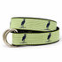 A woven leather belt with soft green and white horizontal stripes, featuring navy blue heron silhouettes and a polished silver-tone metal D-ring buckle, shown on a white background.