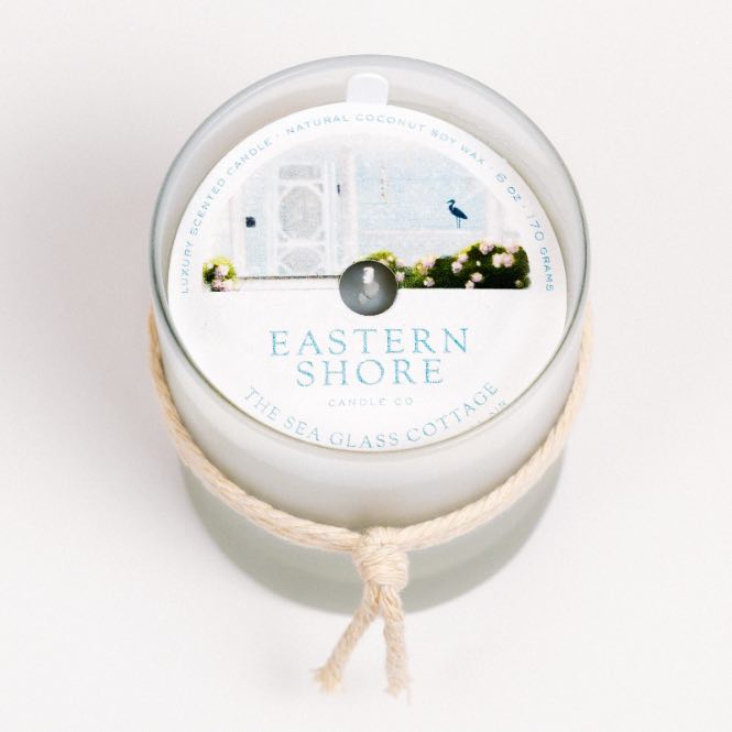 The Sea Glass Cottage candle - coconut soy wax - cottage garden scent, seaside garden, geranium, jasmine, gardenia, roses, lily, magnolia, peony, seaside air, sea breeze, Scented candle, coastal candle, eastern shore, Chesapeake Bay, luxury candle, hand-poured, Maryland, Virginia, 6 oz candle with dust cover