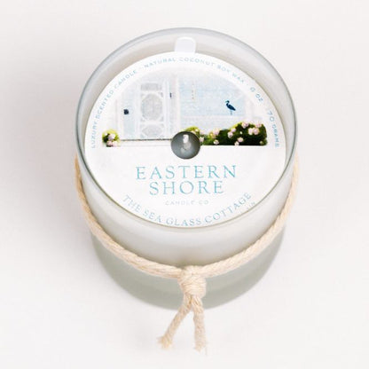 The Sea Glass Cottage candle - coconut soy wax - cottage garden scent, seaside garden, geranium, jasmine, gardenia, roses, lily, magnolia, peony, seaside air, sea breeze, Scented candle, coastal candle, eastern shore, Chesapeake Bay, luxury candle, hand-poured, Maryland, Virginia, 6 oz candle with dust cover